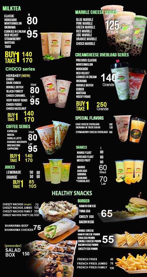 Milk tea menu