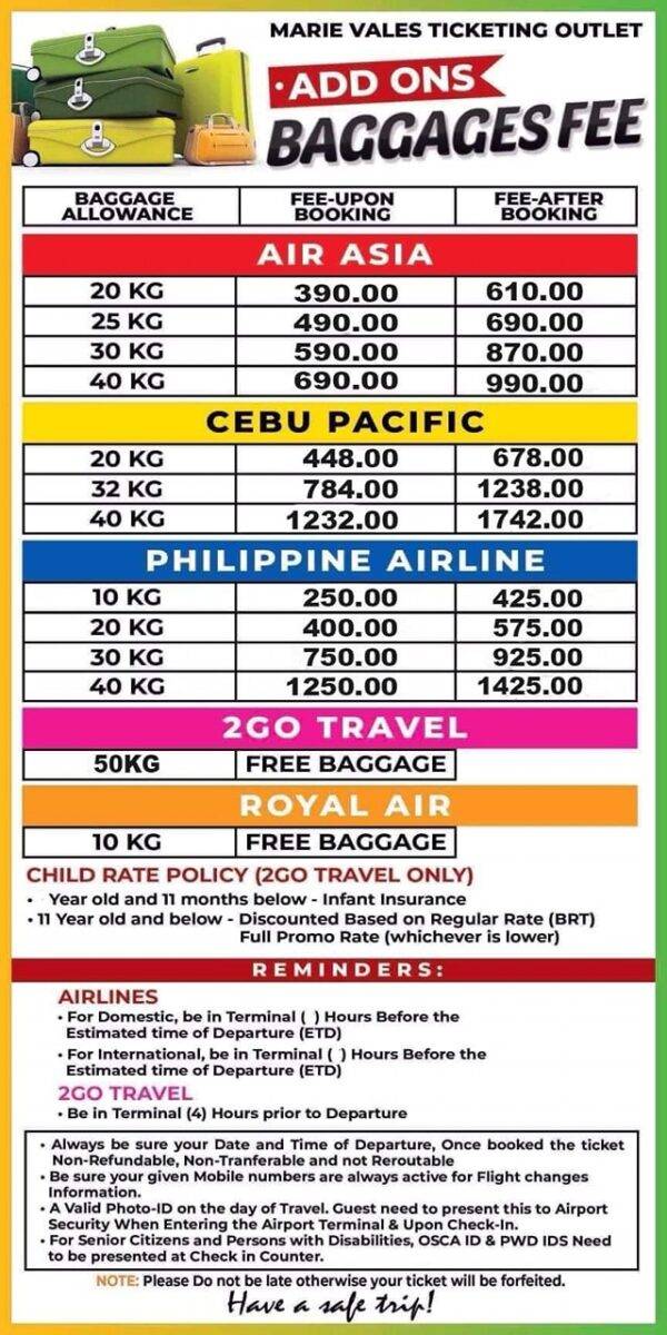 How Much is the baggage charges by Air Asia, Cebu Pacific and PAL